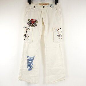 Vintage Ed Hardy Y2K Tattoo Cargo Flared Pants in White/Multi Women's Size 25